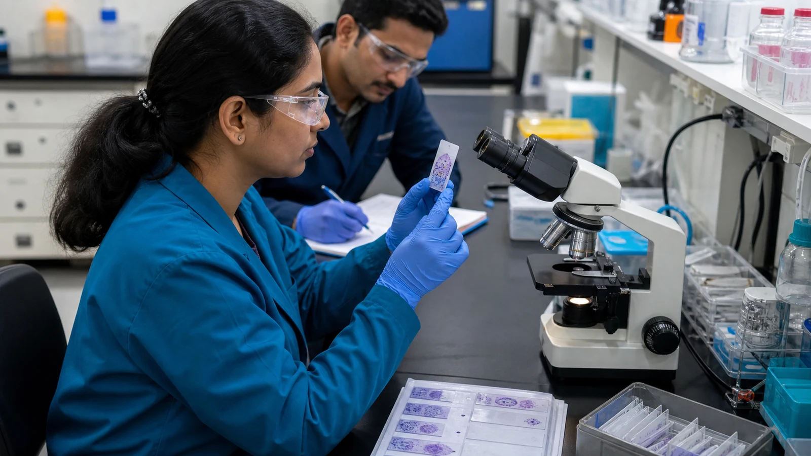 Biomedical researcher evaluating digital results alongside laboratory documentation.